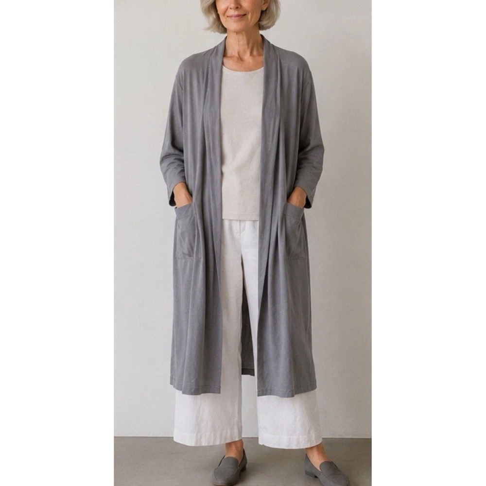 Eileen Fisher Sleepwear Garnet Hill Long Kimono Robe Sz XL Organic Cotton Lounge